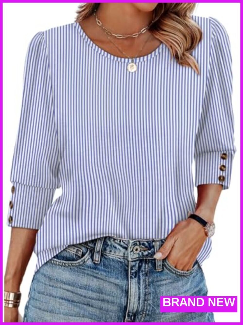 3/4 Sleeve Button Blouse Dressy Casual Loose Fit Women's Top